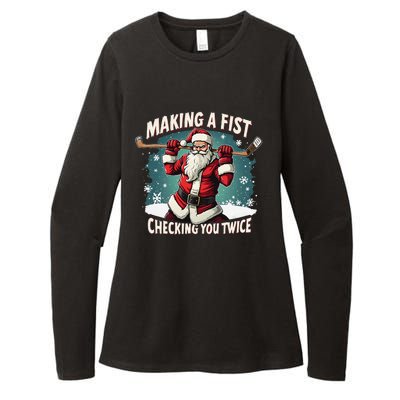 Making A Fist Checking You Twice Ugly Christmas Santa Hockey Womens CVC Long Sleeve Shirt