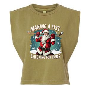 Making A Fist Checking You Twice Ugly Christmas Santa Hockey Garment-Dyed Women's Muscle Tee