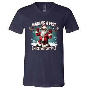 Making A Fist Checking You Twice Ugly Christmas Santa Hockey V-Neck T-Shirt