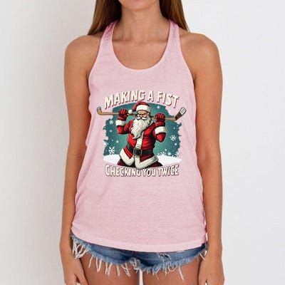 Making A Fist Checking You Twice Ugly Christmas Santa Hockey Women's Knotted Racerback Tank