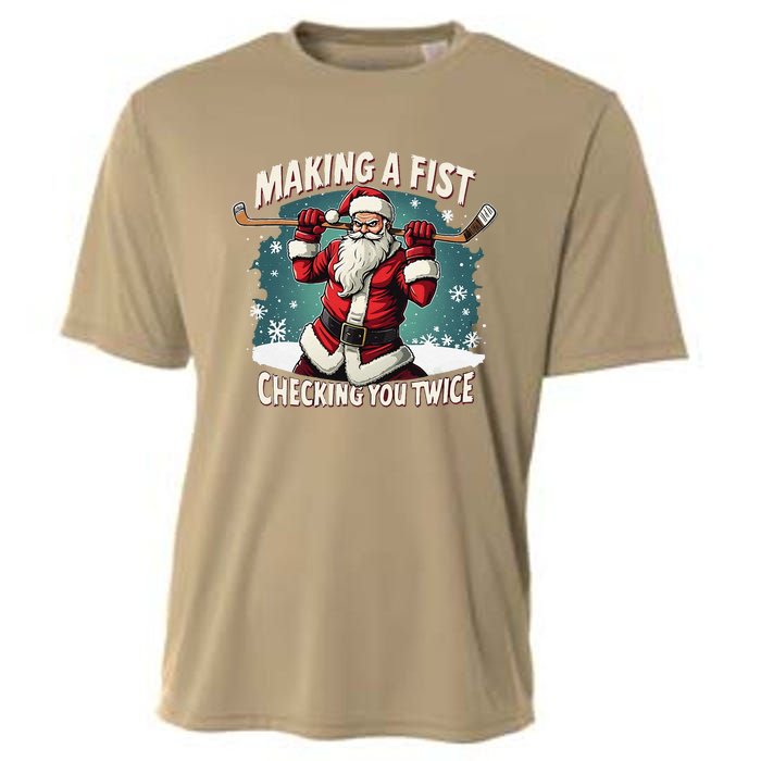 Making A Fist Checking You Twice Ugly Christmas Santa Hockey Cooling Performance Crew T-Shirt