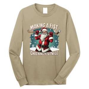 Making A Fist Checking You Twice Ugly Christmas Santa Hockey Long Sleeve Shirt