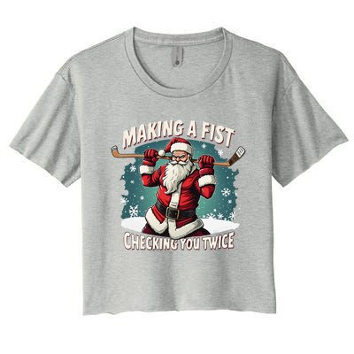 Making A Fist Checking You Twice Ugly Christmas Santa Hockey Women's Crop Top Tee