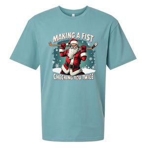 Making A Fist Checking You Twice Ugly Christmas Santa Hockey Sueded Cloud Jersey T-Shirt