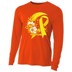 Moon And Flower Yellow Ribbon Hood Cancer Awareness Gift Cooling Performance Long Sleeve Crew