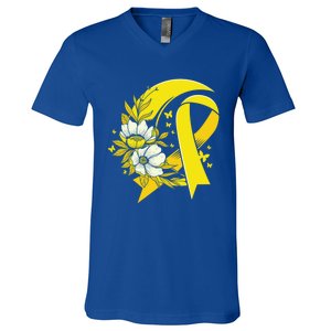 Moon And Flower Yellow Ribbon Hood Cancer Awareness Gift V-Neck T-Shirt