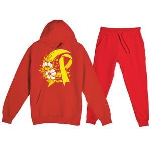 Moon And Flower Yellow Ribbon Hood Cancer Awareness Gift Premium Hooded Sweatsuit Set