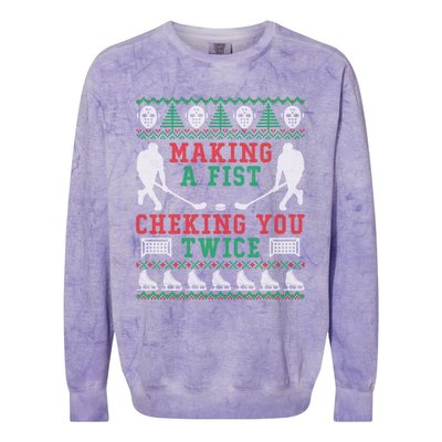 Making A Fist Checking You Twice Hockey Sport Ugly Christmas Cool Gift Colorblast Crewneck Sweatshirt