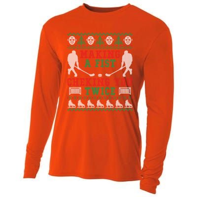 Making A Fist Checking You Twice Hockey Sport Ugly Christmas Cool Gift Cooling Performance Long Sleeve Crew