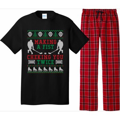 Making A Fist Checking You Twice Hockey Sport Ugly Christmas Cool Gift Pajama Set