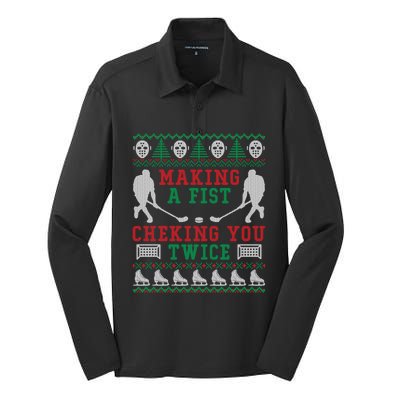 Making A Fist Checking You Twice Hockey Sport Ugly Christmas Cool Gift Silk Touch Performance Long Sleeve Polo