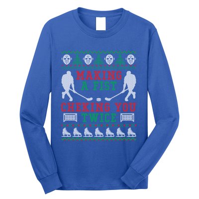 Making A Fist Checking You Twice Hockey Sport Ugly Christmas Cool Gift Long Sleeve Shirt