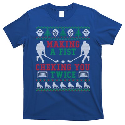 Making A Fist Checking You Twice Hockey Sport Ugly Christmas Cool Gift T-Shirt