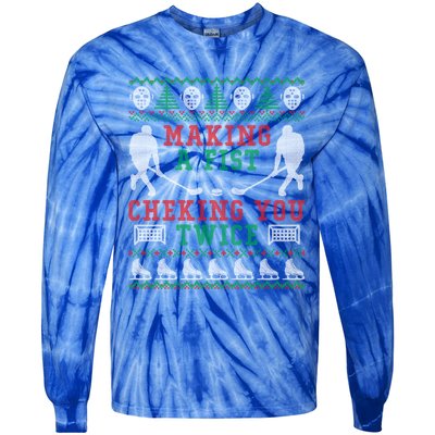 Making A Fist Checking You Twice Hockey Sport Ugly Christmas Cool Gift Tie-Dye Long Sleeve Shirt