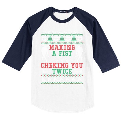 Making A Fist Checking You Twice Hockey Sport Ugly Christmas Cool Gift Baseball Sleeve Shirt