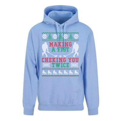 Making A Fist Checking You Twice Hockey Sport Ugly Christmas Cool Gift Unisex Surf Hoodie