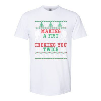 Making A Fist Checking You Twice Hockey Sport Ugly Christmas Cool Gift Softstyle CVC T-Shirt