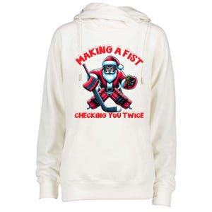 Making A Fist Checking You Twice Ice Hockey Xmas Snowflakes Cool Gift Womens Funnel Neck Pullover Hood