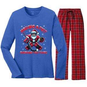 Making A Fist Checking You Twice Ice Hockey Xmas Snowflakes Cool Gift Women's Long Sleeve Flannel Pajama Set 