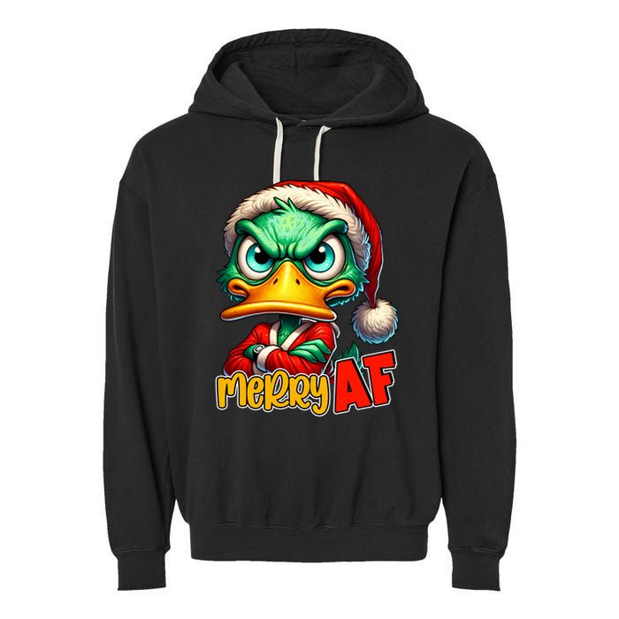 Merry Af Funny Sarcastic Grumpy Duck Christmas Garment-Dyed Fleece Hoodie
