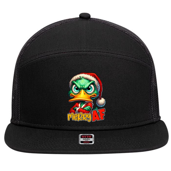 Merry Af Funny Sarcastic Grumpy Duck Christmas 7 Panel Mesh Trucker Snapback Hat