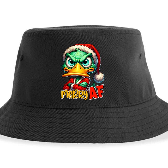 Merry Af Funny Sarcastic Grumpy Duck Christmas Sustainable Bucket Hat