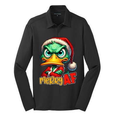 Merry Af Funny Sarcastic Grumpy Duck Christmas Silk Touch Performance Long Sleeve Polo