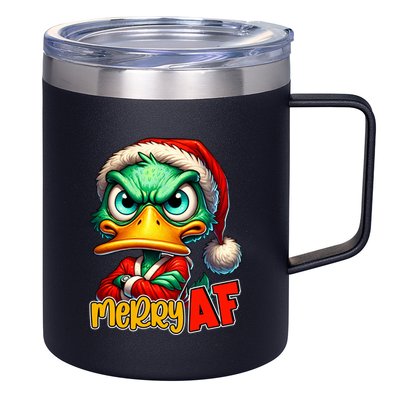 Merry Af Funny Sarcastic Grumpy Duck Christmas 12oz Stainless Steel Coffee Mug