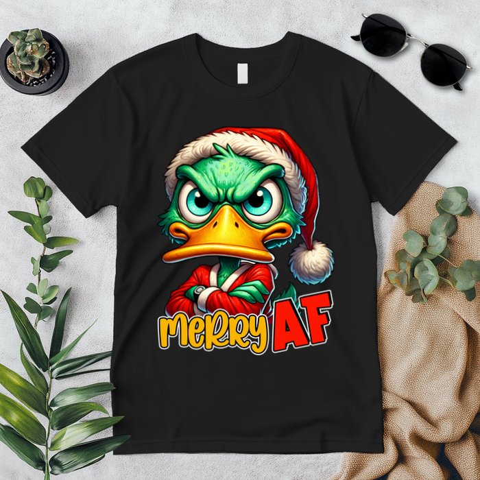 Merry Af Funny Sarcastic Grumpy Duck Christmas Premium T-Shirt