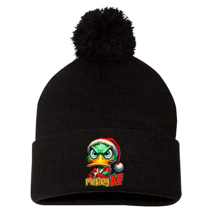 Merry Af Funny Sarcastic Grumpy Duck Christmas Pom Pom 12in Knit Beanie