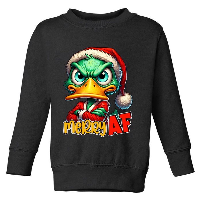 Merry Af Funny Sarcastic Grumpy Duck Christmas Toddler Sweatshirt