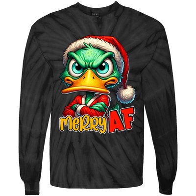 Merry Af Funny Sarcastic Grumpy Duck Christmas Tie-Dye Long Sleeve Shirt