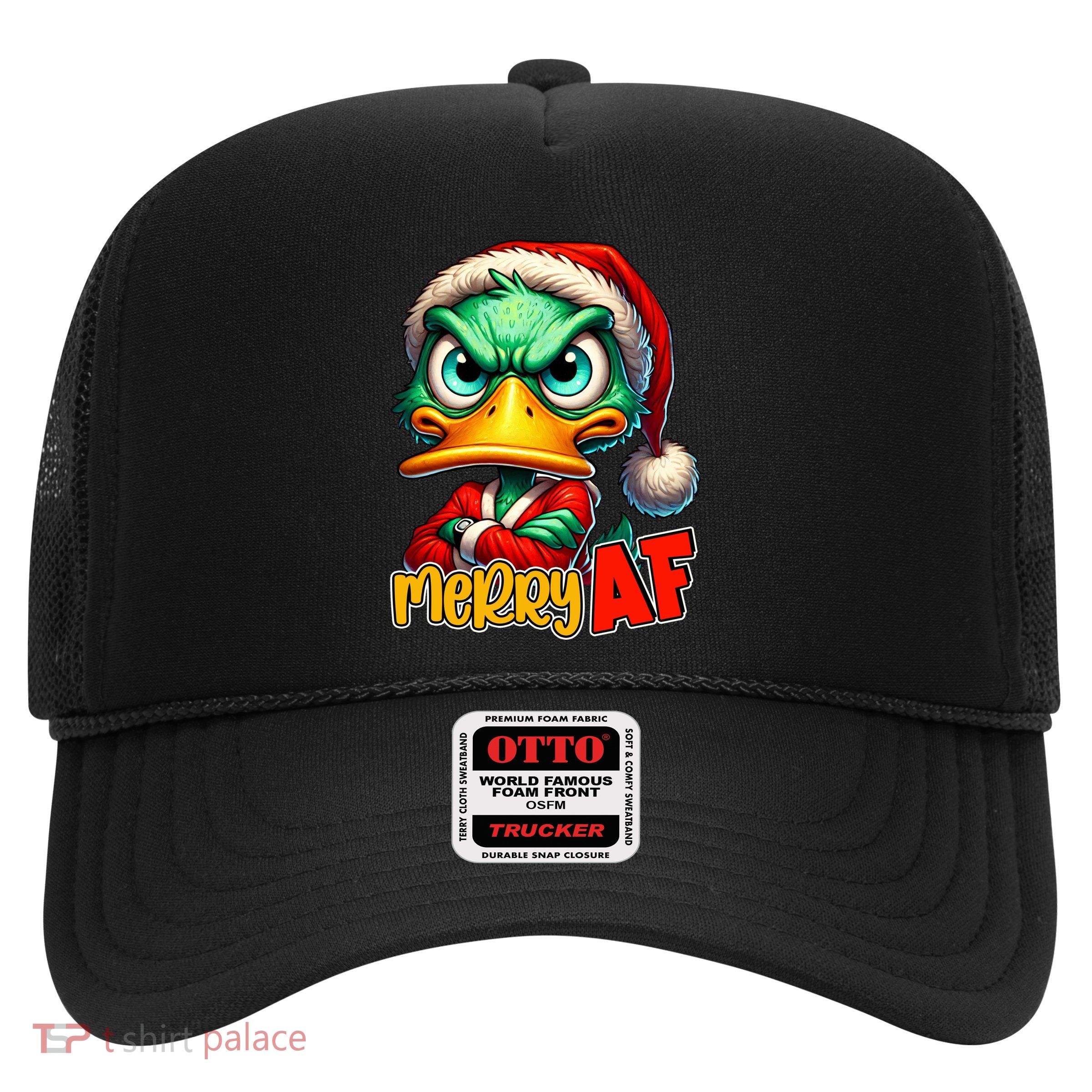 Merry Af Funny Sarcastic Grumpy Duck Christmas Trucker Hat