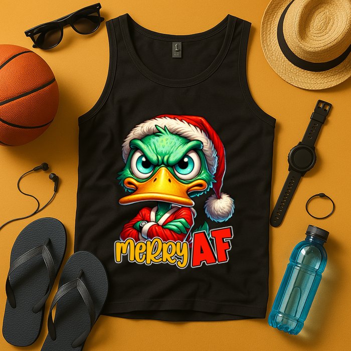 Merry Af Funny Sarcastic Grumpy Duck Christmas Tank Top