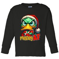 Merry Af Funny Sarcastic Grumpy Duck Christmas Toddler Long Sleeve Shirt