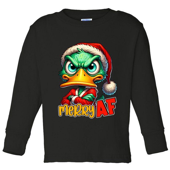 Merry Af Funny Sarcastic Grumpy Duck Christmas Toddler Long Sleeve Shirt