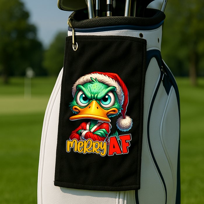 Merry Af Funny Sarcastic Grumpy Duck Christmas Golf Towel