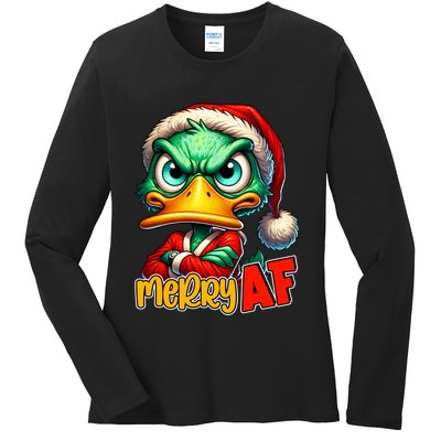 Merry Af Funny Sarcastic Grumpy Duck Christmas Ladies Long Sleeve Shirt