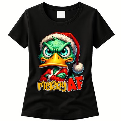 Merry Af Funny Sarcastic Grumpy Duck Christmas Womens T-Shirt