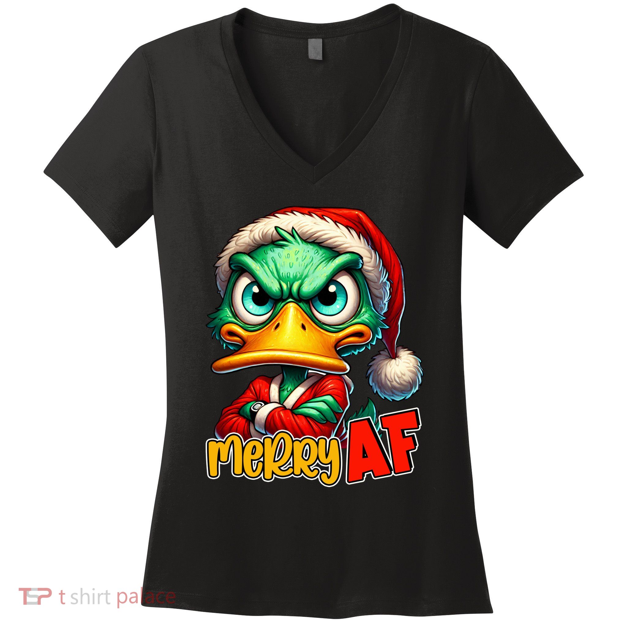 Merry Af Funny Sarcastic Grumpy Duck Christmas Women's V-Neck T-Shirt
