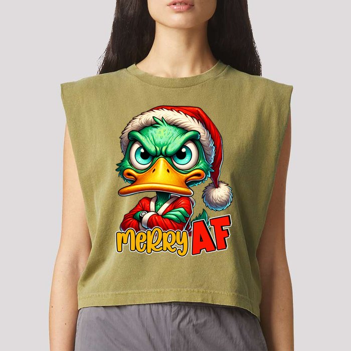 Merry Af Funny Sarcastic Grumpy Duck Christmas Garment-Dyed Women's Muscle Tee