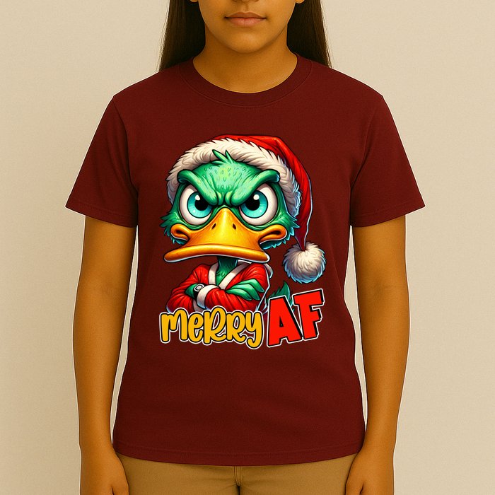 Merry Af Funny Sarcastic Grumpy Duck Christmas T-Shirt
