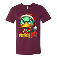 Merry Af Funny Sarcastic Grumpy Duck Christmas V-Neck T-Shirt