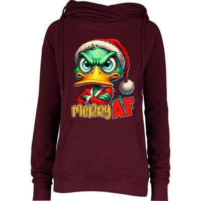 Merry Af Funny Sarcastic Grumpy Duck Christmas Womens Funnel Neck Pullover Hood