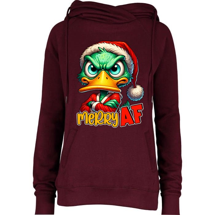Merry Af Funny Sarcastic Grumpy Duck Christmas Womens Funnel Neck Pullover Hood