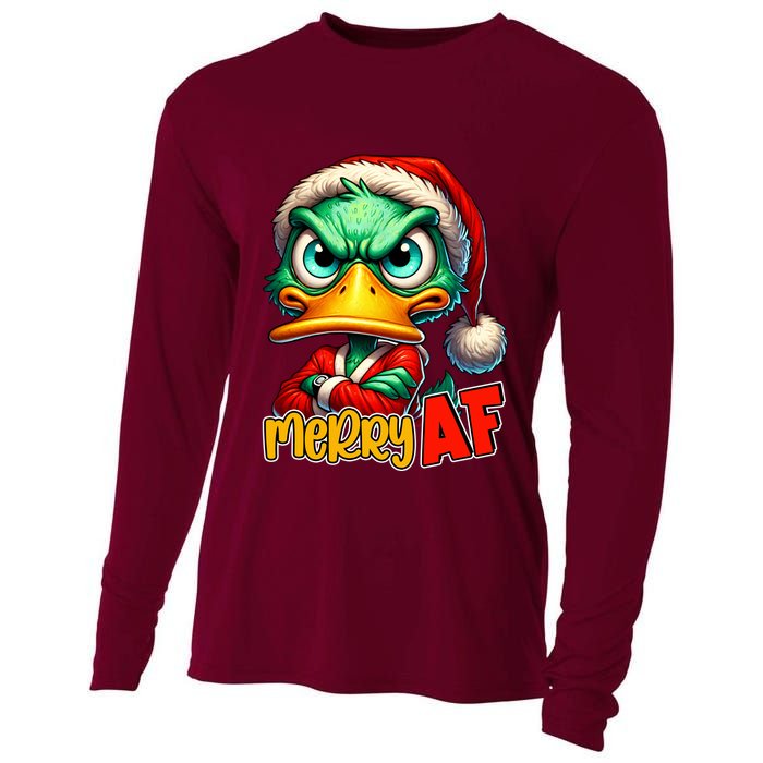 Merry Af Funny Sarcastic Grumpy Duck Christmas Cooling Performance Long Sleeve Crew