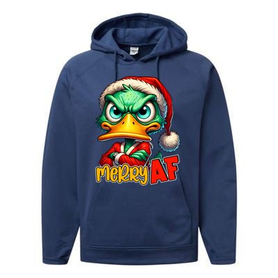 Merry Af Funny Sarcastic Grumpy Duck Christmas Performance Fleece Hoodie