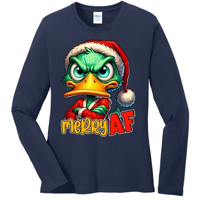 Merry Af Funny Sarcastic Grumpy Duck Christmas Ladies Long Sleeve Shirt