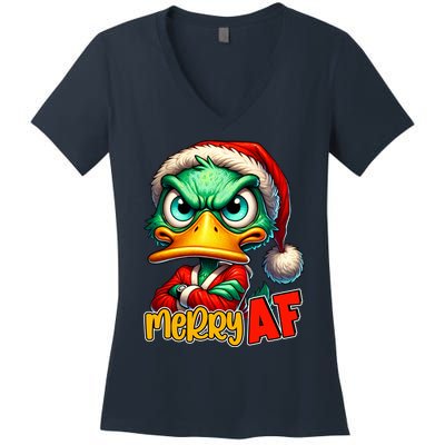 Merry Af Funny Sarcastic Grumpy Duck Christmas Women's V-Neck T-Shirt