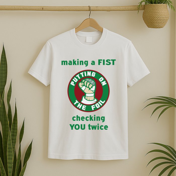 Making A Fist Putting On The Foil Checking You Twice T-Shirt